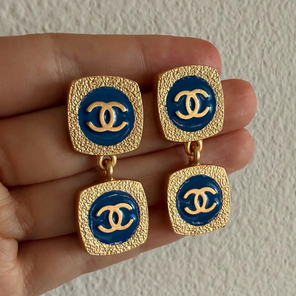 CHANEL Gold-Tone Double Drop Earrings with Blue Enamel Centers